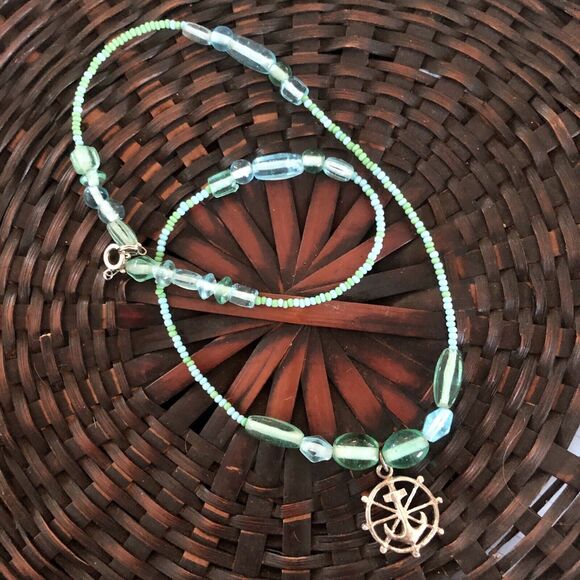 Zuni Beaded Necklace Clear Glass and Blue Seed Beads Silver Nautical Pendant - Picture 1 of 5